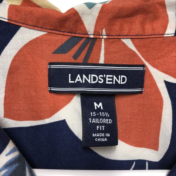 Lands’ End Hawaiian‎ Shirt Medium Navy Blue Floral Print Short Sleeve Casual - Picture 5 of 8